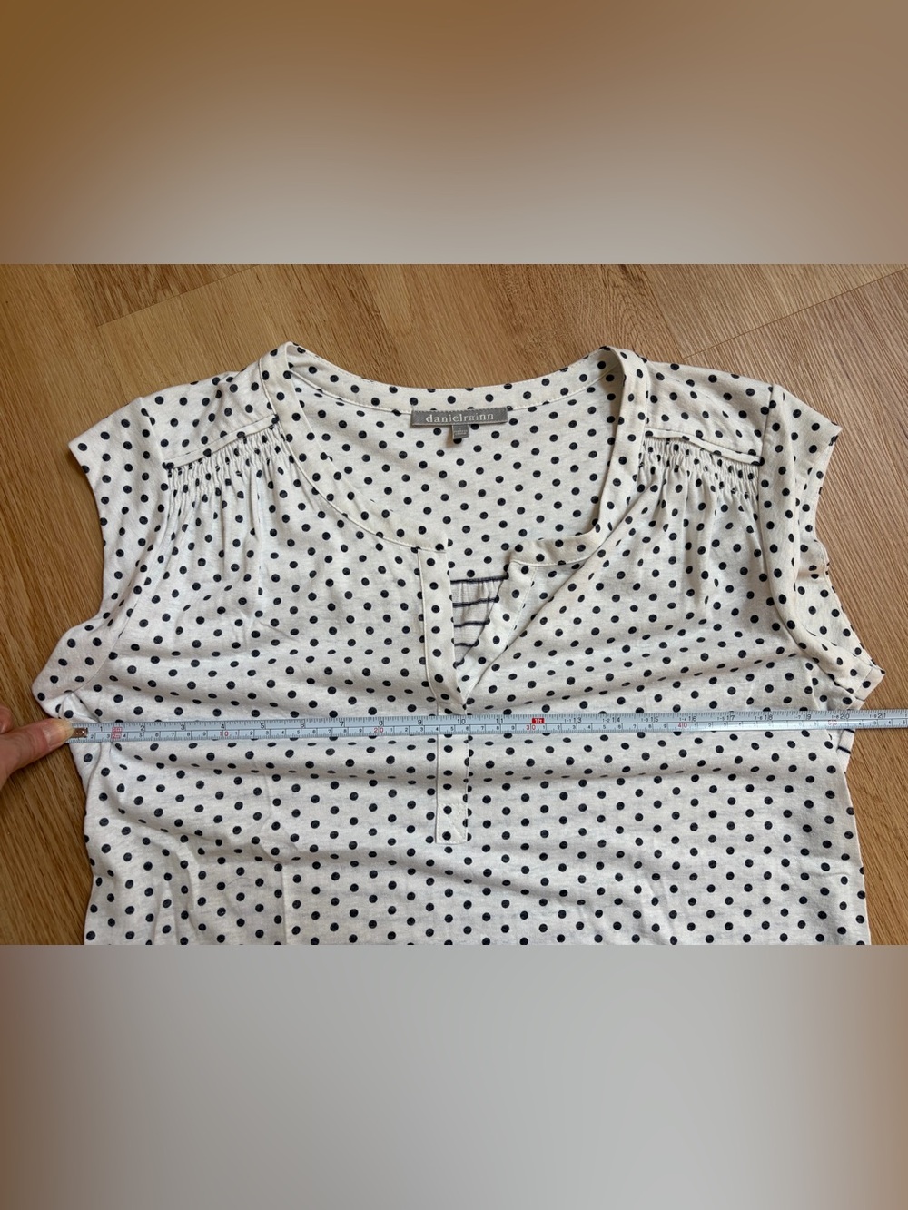 Daniel Rainn White Blouse Split Neck Black Polka Dots Stripes Sleeveless Large - Picture 8 of 11